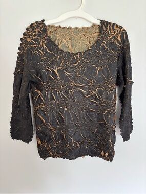 Magic Scarf Origami Crinkle Popcorn Top Black Brown Stretchy Blouse Y2K OS